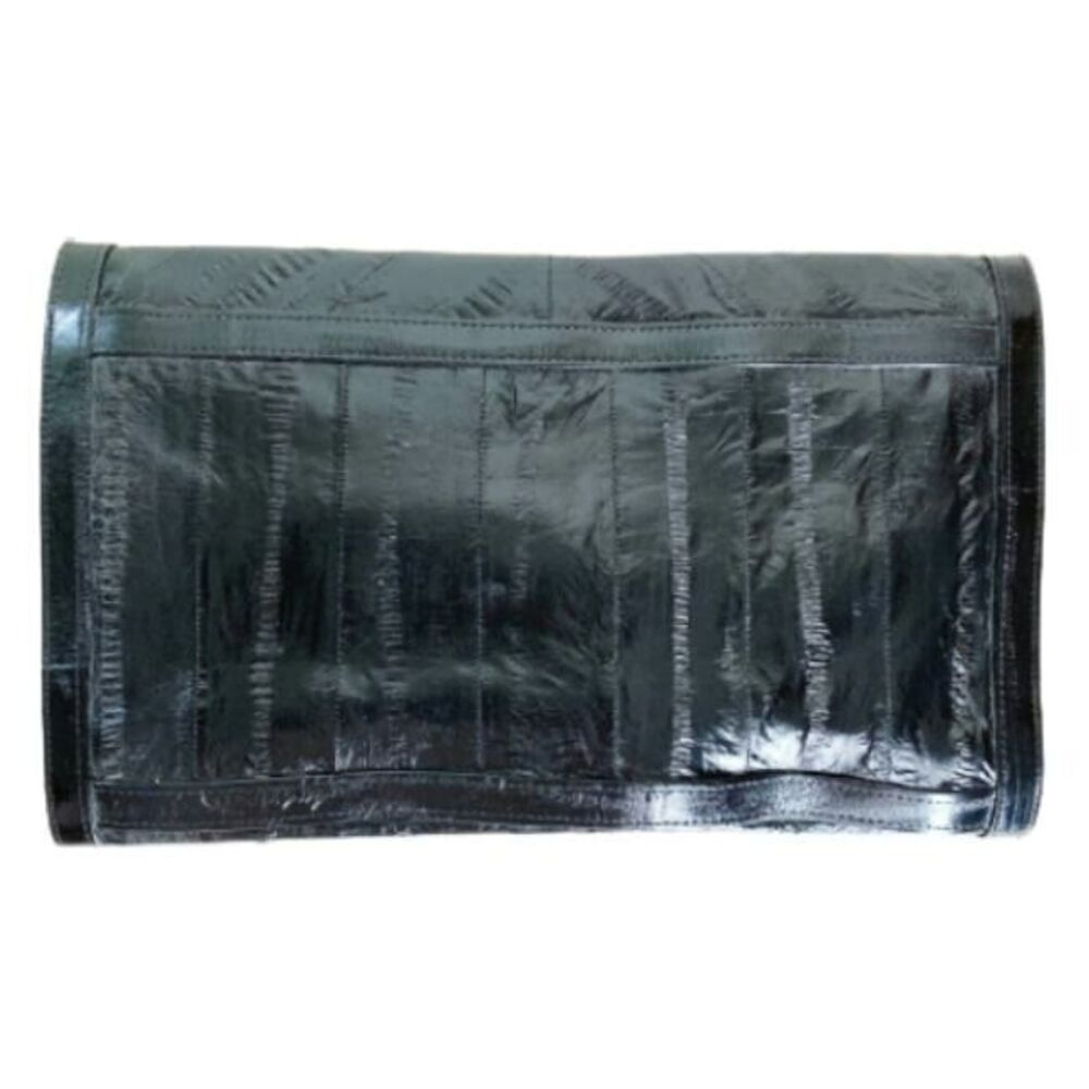 Black Genuine Eel Skin Envelope Clutch Bag Handbag with Pockets Nice! - Picture 2 of 9